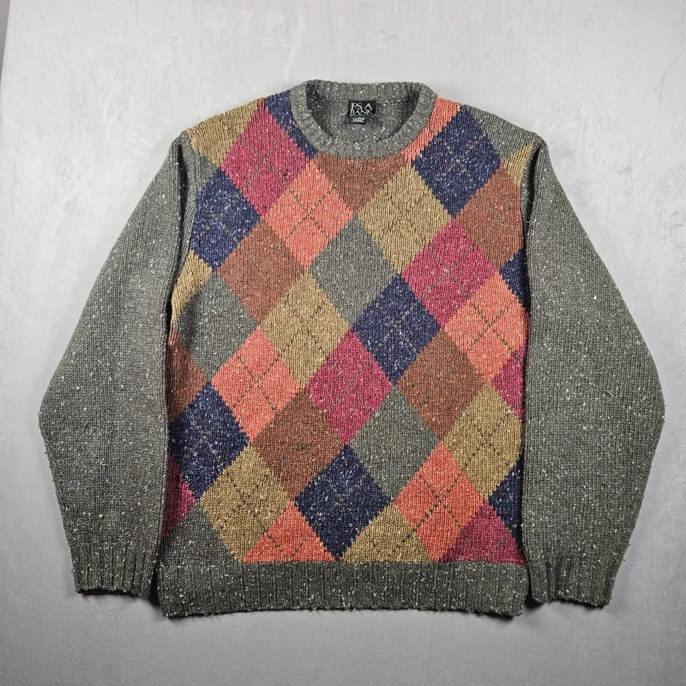 Jos. A. Bank Argyle Sweater Mens XL Multicolor Lambswool Nylon Marled Crewneck